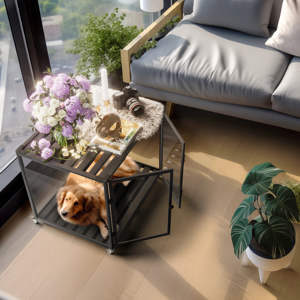 First Tempered Glass Dog Crate with Aluminum Frame Rolling Pet Cage Kennels with 2 Doors and Removable Tray