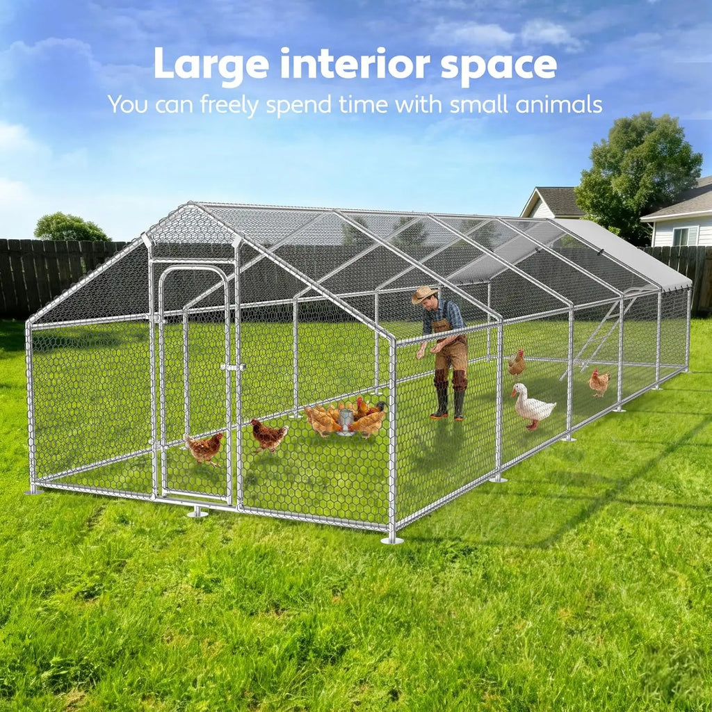 Large Metal Chicken Coop with Roosting Perch, Waterproof and UV-Resistant Cover, Outdoor Walk-in Cage Hen House
