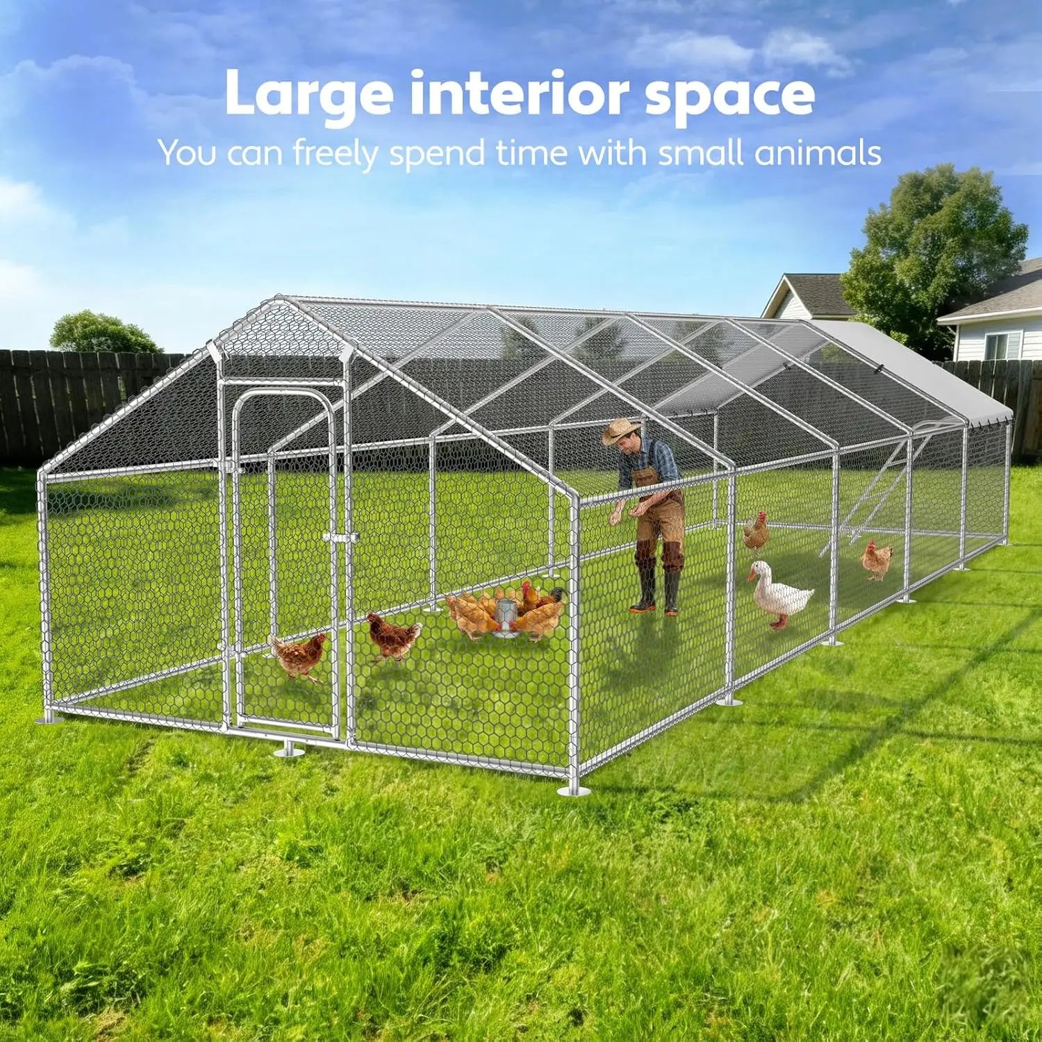 Large Metal Chicken Coop with Roosting Perch, Waterproof and UV-Resistant Cover, Outdoor Walk-in Cage Hen House