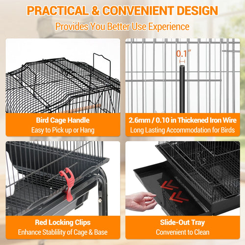 162cm Large Bird Cage with Open Play Rooftop Rolling Stand Slide-out Tray Storage Shelf