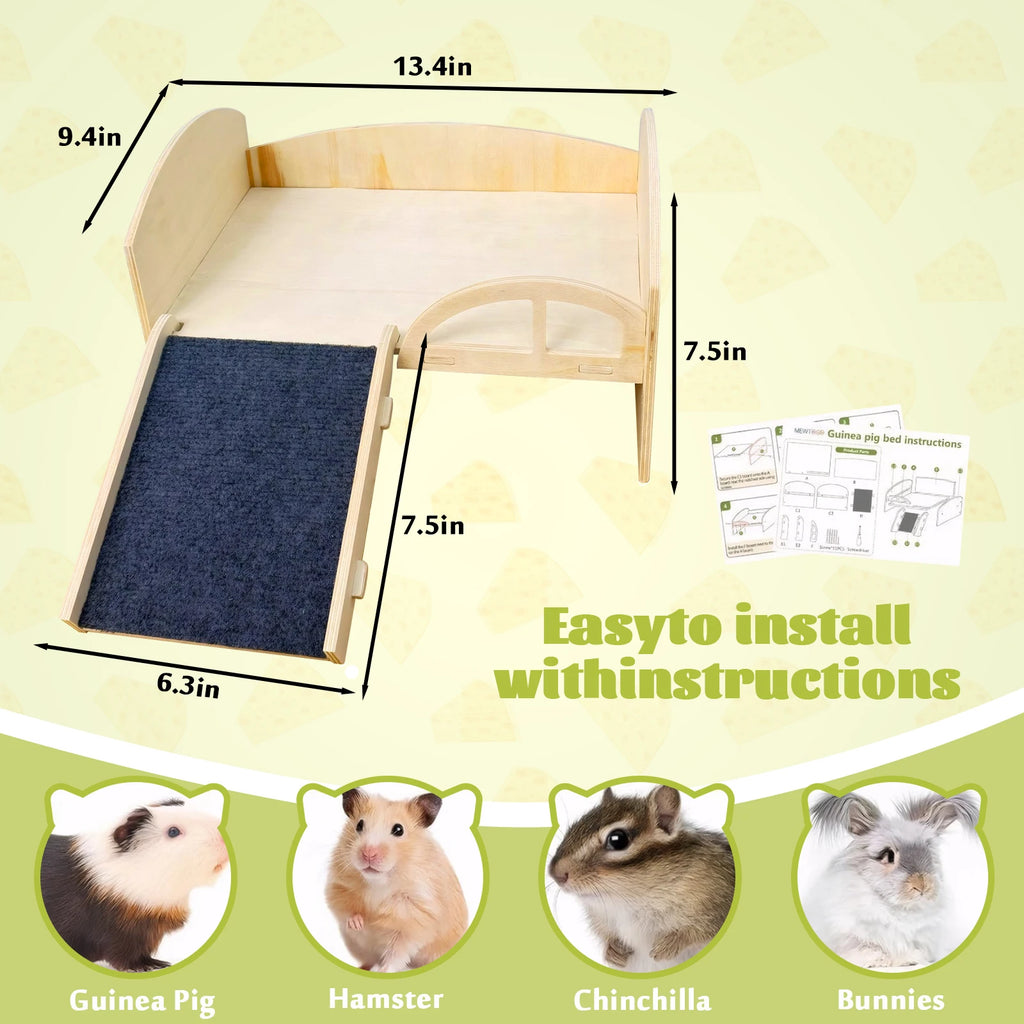 Guinea Pig Bed with Stable Stairs & Mat Wooden Small Animal Bed Wear Resist Wood