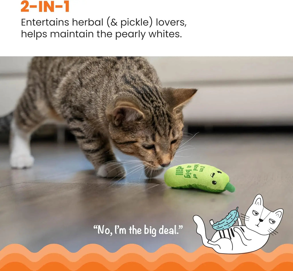 Crunchy Pickle Cat Toy with Crinkle Sound, Catnip & Dental Mesh - 6.5" Plush Kicker for Play