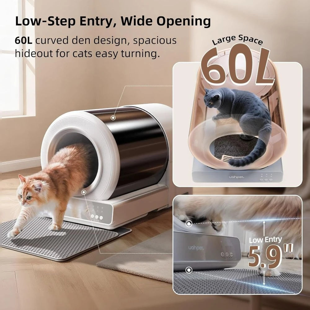 Stainless Steel Cat Litter Box with Automatic Cleaning, App-Controlled, Low Entry, Safety Sensors, Mat & Bags
