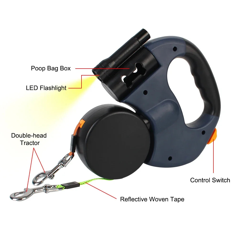 3m Dual Dog Leash With Flashlight Waste Bag Box Double-Ended Traction Rope Dogs Strap Auto Retractable
