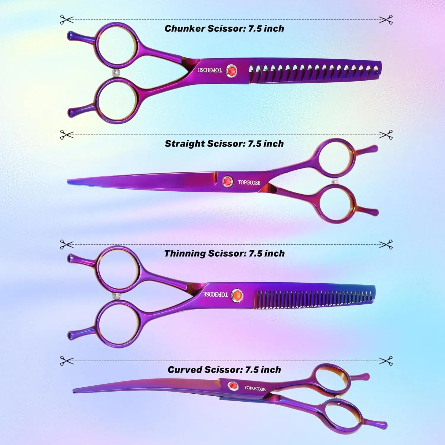 Scissors Kit, 6-in-1 Professional Set with Straight, Thinning, Curved Shears & Comb for Dogs and Cats (Purple)