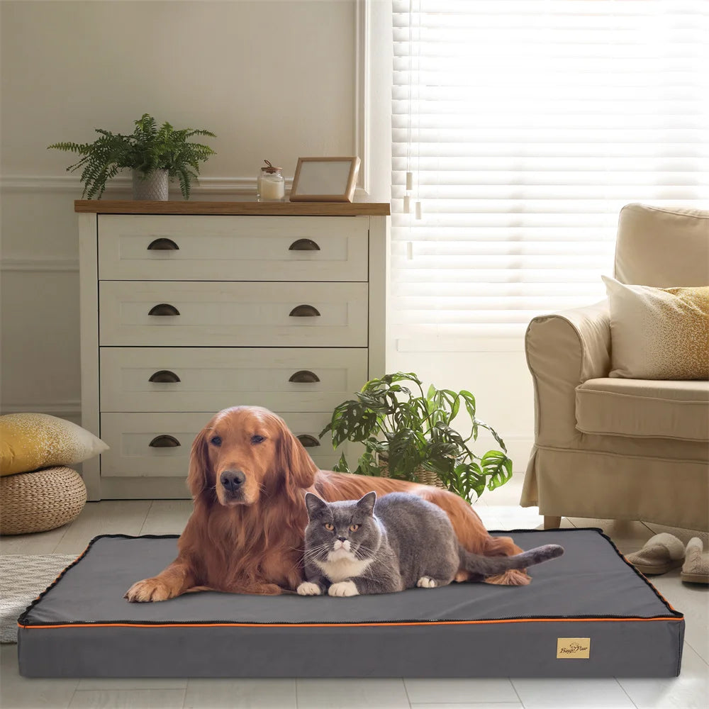 Premium Large Orthopedic Memory Foam Dog Bed Waterproof Pet Dog Orange Trim Washable Water Resistant