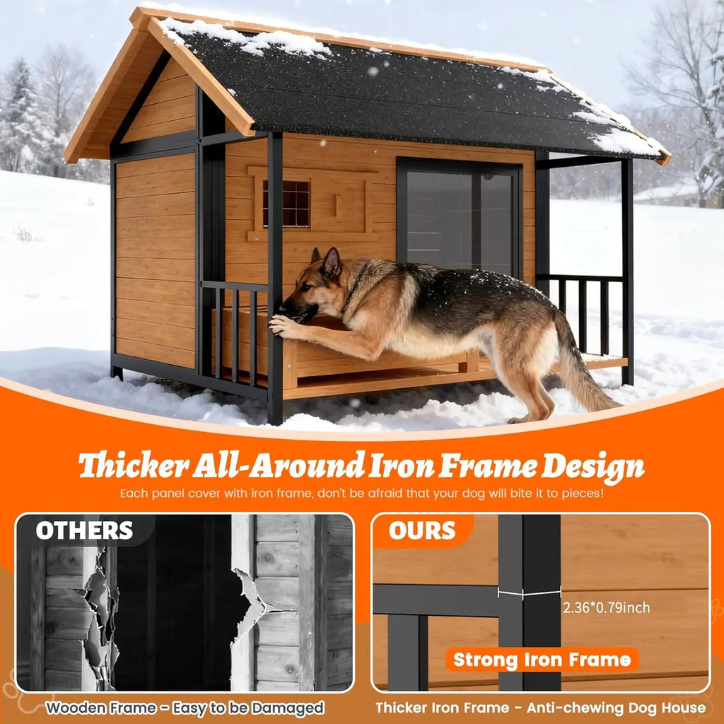 Dog House with Insulated Liner and Dog Bowls Stand, Large Heated Outdoor Dog Kennel Keep Warm in Winter