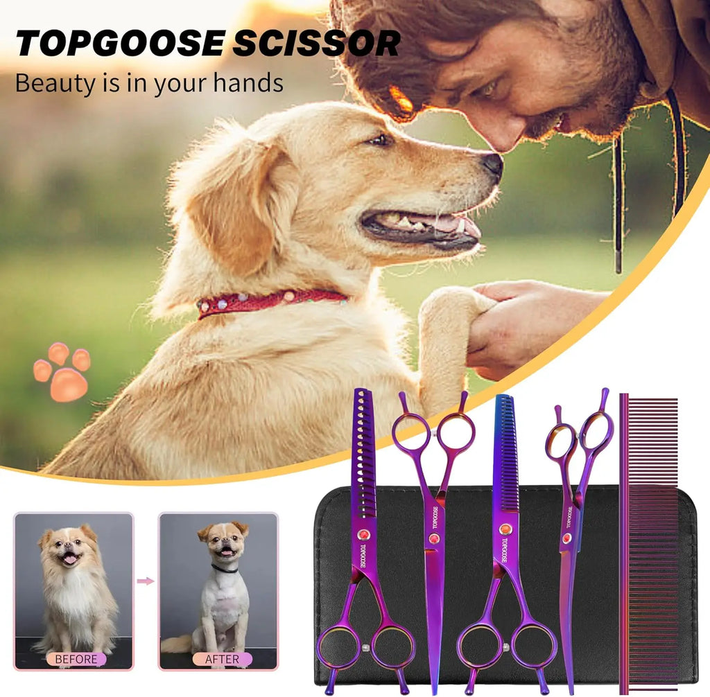 Scissors Kit, 6-in-1 Professional Set with Straight, Thinning, Curved Shears & Comb for Dogs and Cats (Purple)