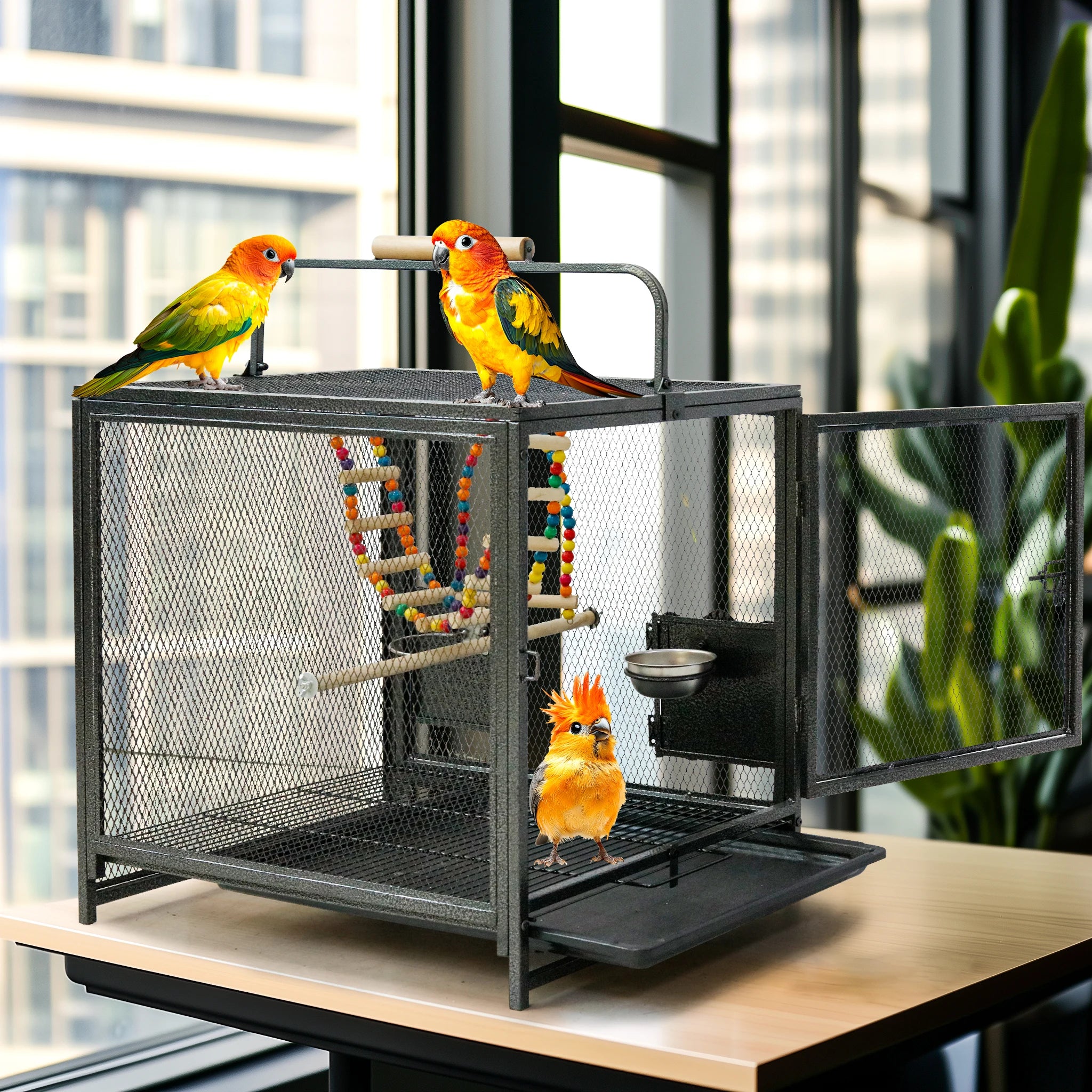 56cm Tall Metal Bird Cage Playpen with Hammock Toy and Perch, Removable Tray, Bowl for Parrot Parakeet Travel Carrier Cage