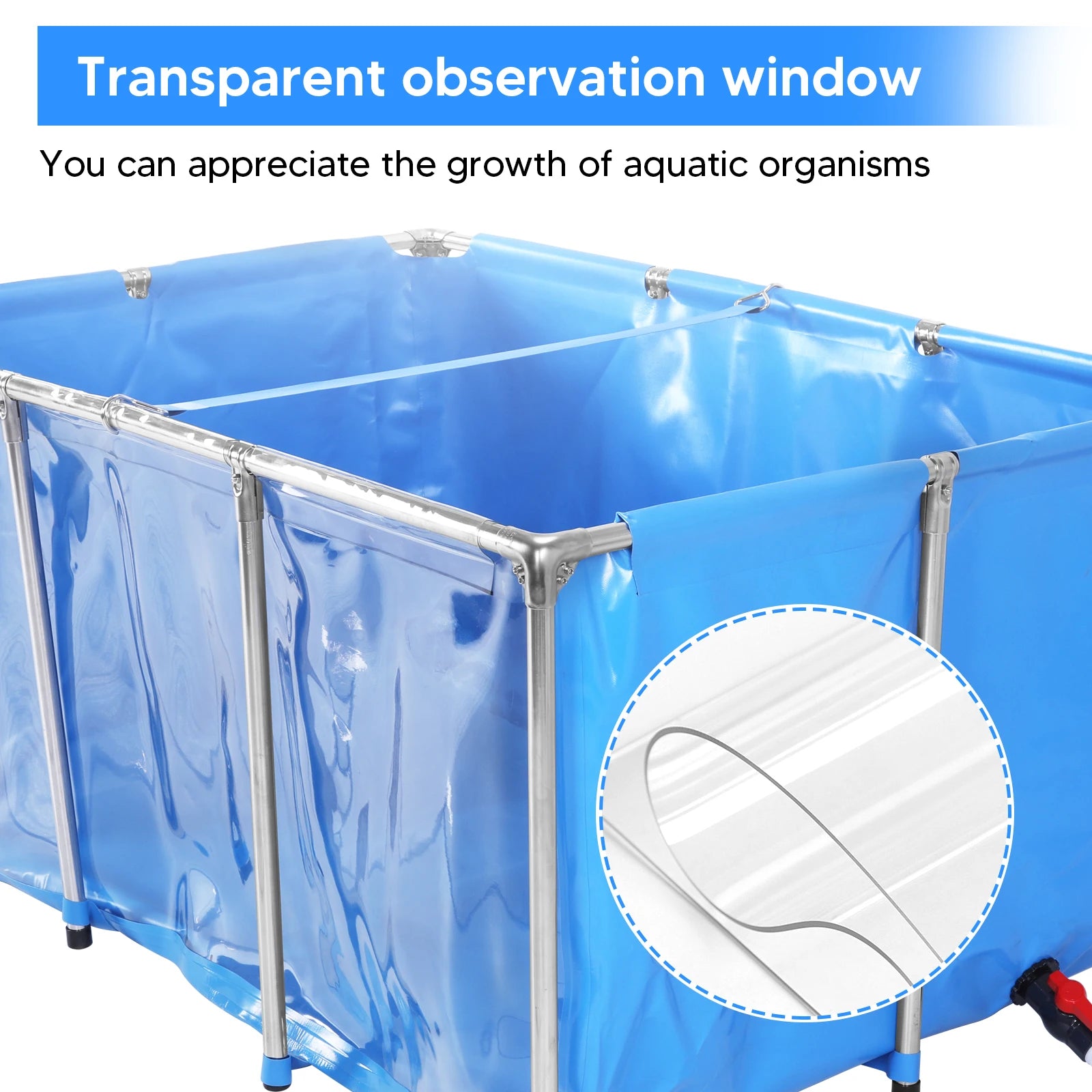 Above Ground Fish Tank with Frame & Drain Valve Transparent Fish Pond Clear Viewing Panel for Ornamental Fish & Outdoor Use
