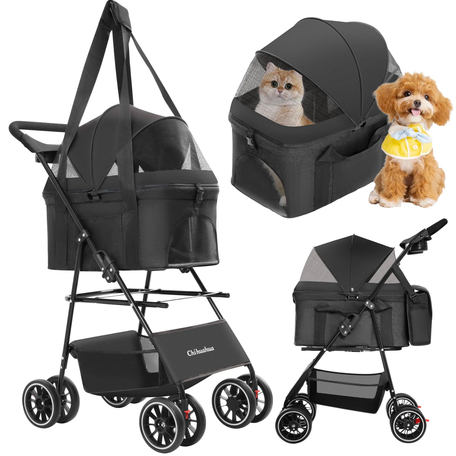 Canopy 4 Wheels Pet Strolling Cart for Small/Medium Dogs and Cats with Removable Carrier