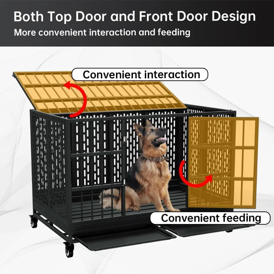 48 Inch Heavy Duty Dog Crate with Wheels Folding Metal Cage for Large and Medium Dogs Extra Large XL XXL Indestructible